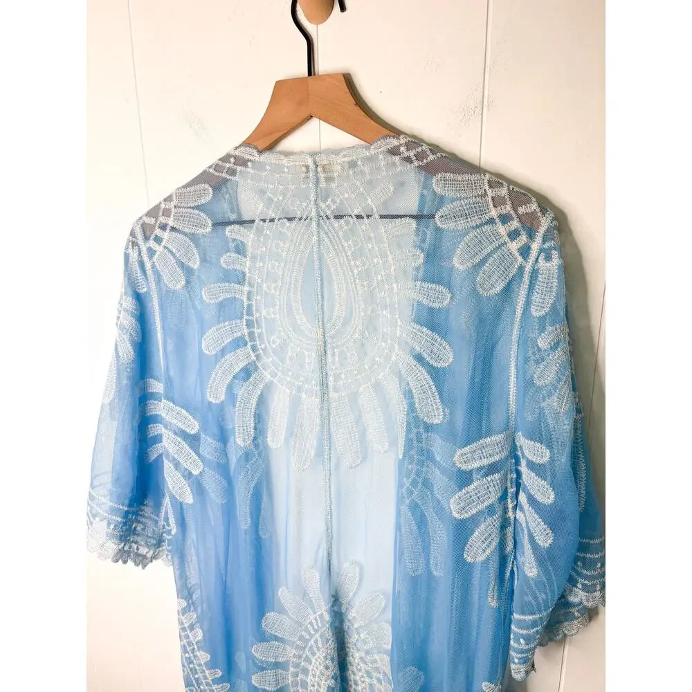 Rebellion Blue Duster Kimono Medium Beach Swim Coverup Lightweight Boho Flowy - Picture 7 of 8